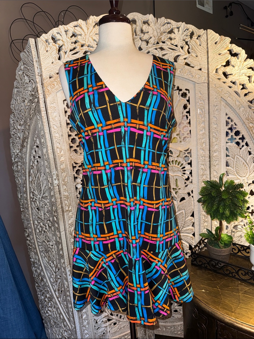 JB by Julie Brown Black Dress with Turquoise, Pink & Orange Geometric Print